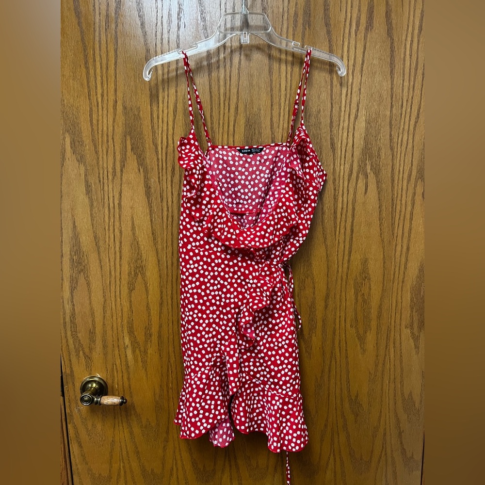 Red Genuine Wrap Dress With White Flowers